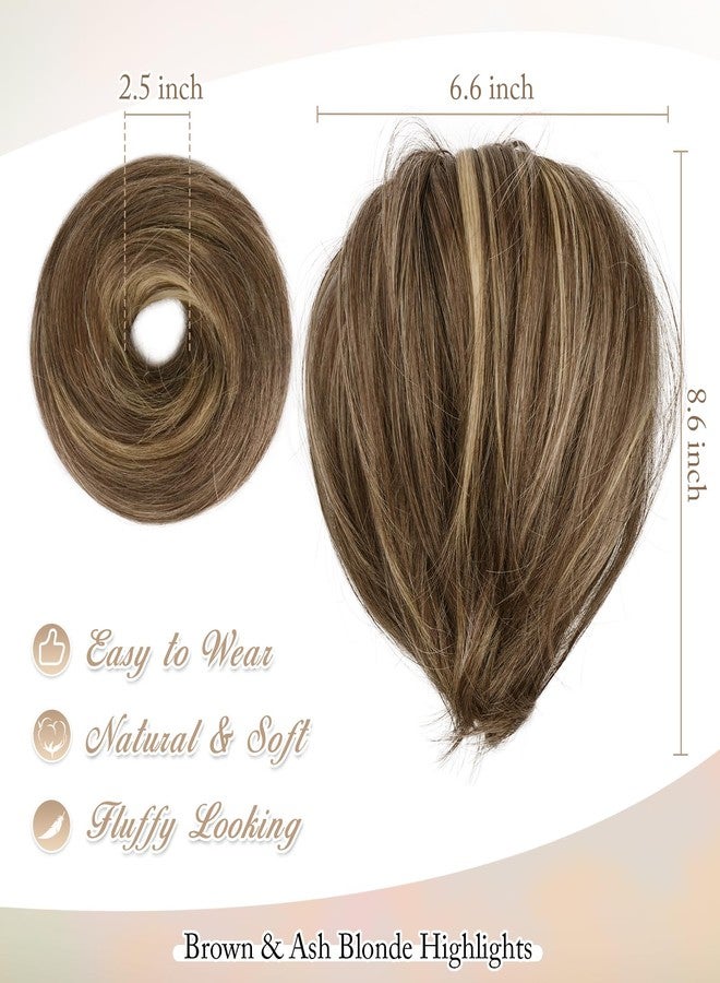 BARSDAR Highlight Hair Bun Extensions, Short Straight Ponytail Hair Bun Extensions for Women Synthetic Elastic Scrunchies Hairpieces Daily - Brown & Ash Blonde Highlights - Image 2