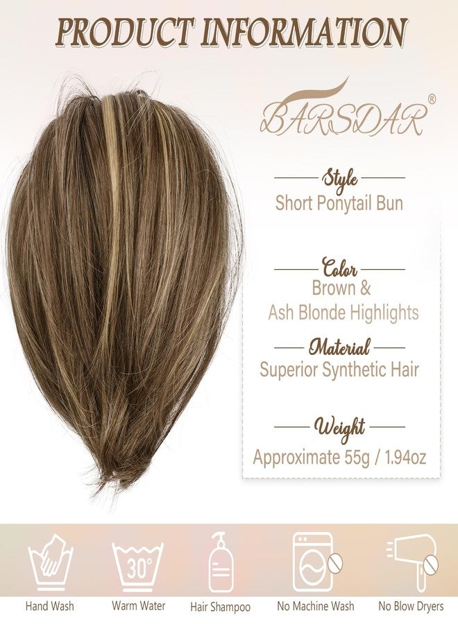 BARSDAR Highlight Hair Bun Extensions, Short Straight Ponytail Hair Bun Extensions for Women Synthetic Elastic Scrunchies Hairpieces Daily - Brown & Ash Blonde Highlights - Image 4