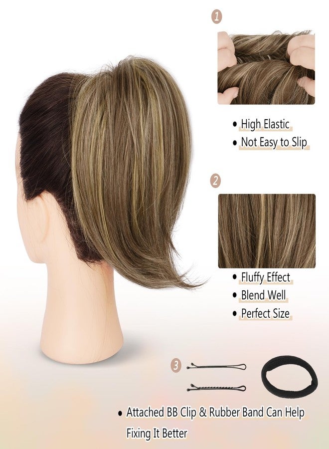 BARSDAR Highlight Hair Bun Extensions, Short Straight Ponytail Hair Bun Extensions for Women Synthetic Elastic Scrunchies Hairpieces Daily - Brown & Ash Blonde Highlights - Image 3