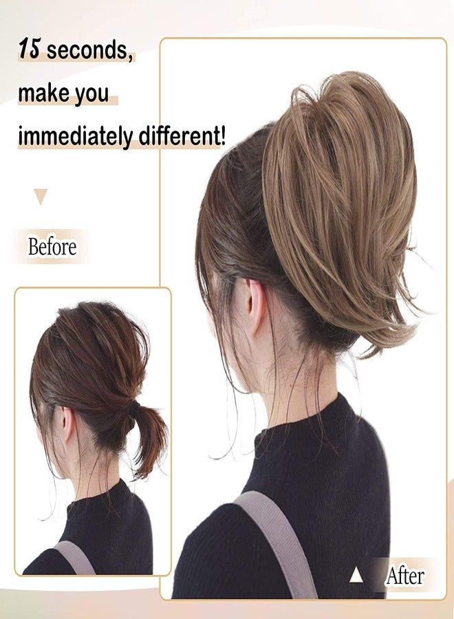 BARSDAR Highlight Hair Bun Extensions, Short Straight Ponytail Hair Bun Extensions for Women Synthetic Elastic Scrunchies Hairpieces Daily - Brown & Ash Blonde Highlights - Image 5