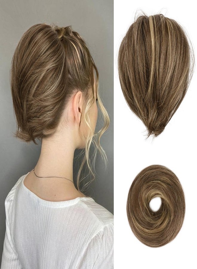 BARSDAR Highlight Hair Bun Extensions, Short Straight Ponytail Hair Bun Extensions for Women Synthetic Elastic Scrunchies Hairpieces Daily - Brown & Ash Blonde Highlights - Image 1