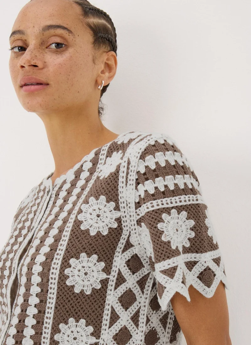 Matalan Brown Crochet Pattern Button Up T-Shirt