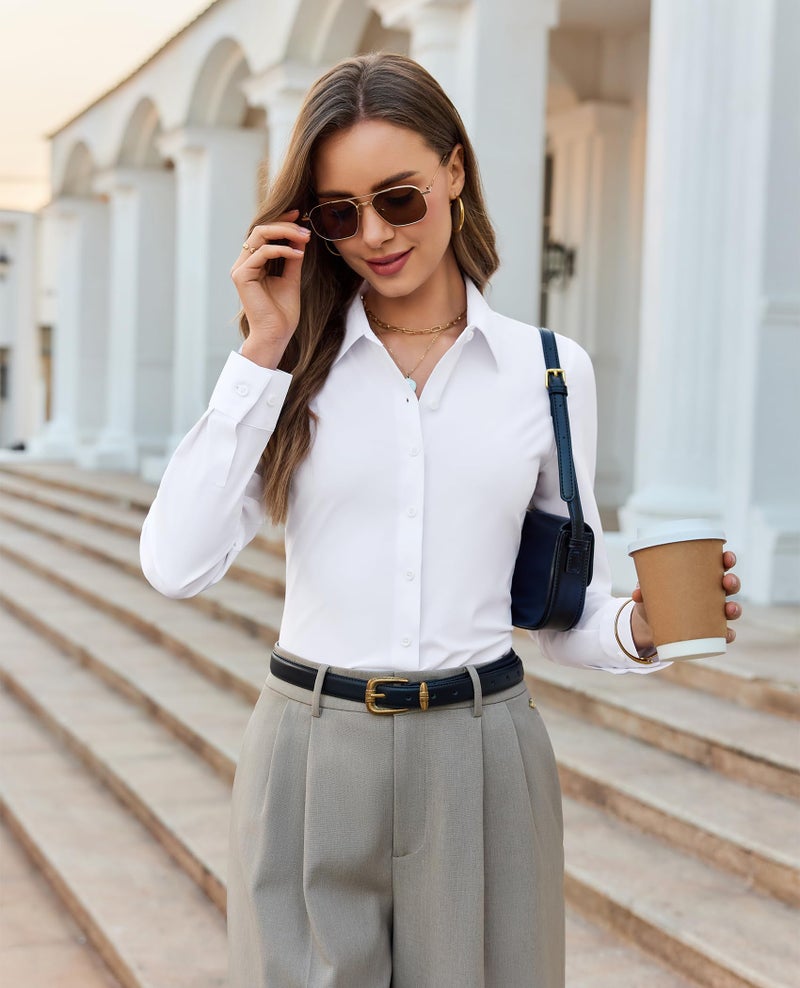 Gleeivy White Button Down Shirt Women Stretch Slim Fit Long Sleeve Blouses Wrinkle-Free Work Dress for Office & Casual White L - Image 5