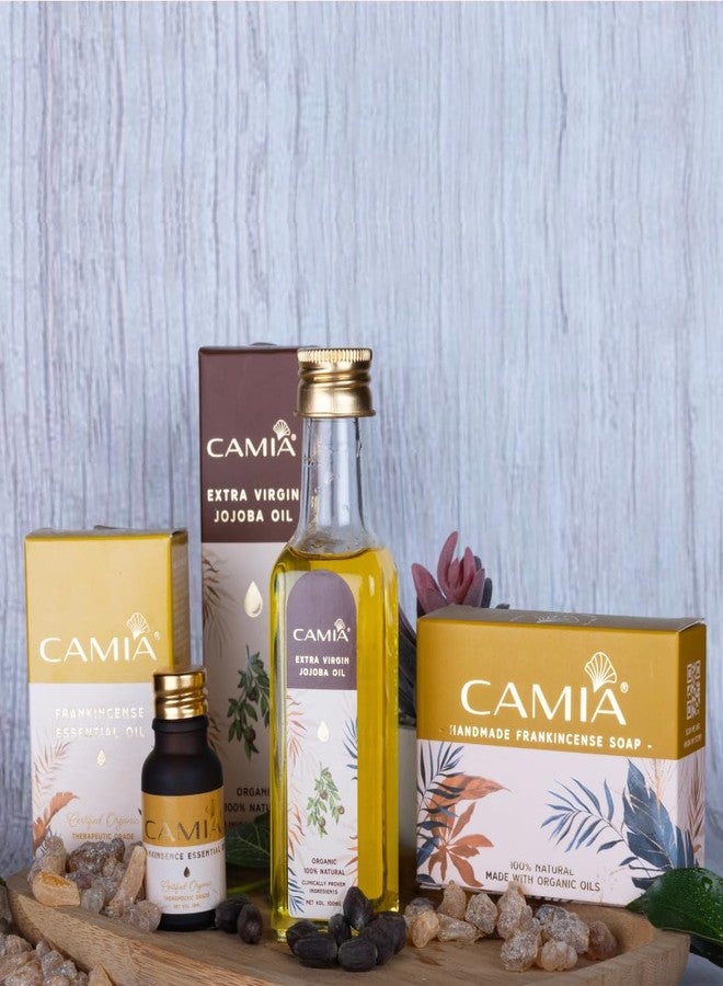 CAMIA زيت الجوجوبا العضوي المعصور على البارد من كاميا، 100 مل + زيت اللبان العطري، 15 مل + صابون اللبان، 125 جم | مجموعة غنية بمضادات الأكسدة ومضادة للشيخوخة للبشرة الدهنية | مجموعة متكاملة للعناية بالبشرة - Image 1