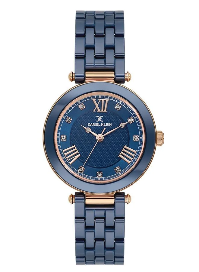 DANIEL KLEIN Women's Ceramic Band Rose Gold Steel Case Analog Blue Round Emboss Dial Japanese Quartz Premium 30 Meters Water Resistant
