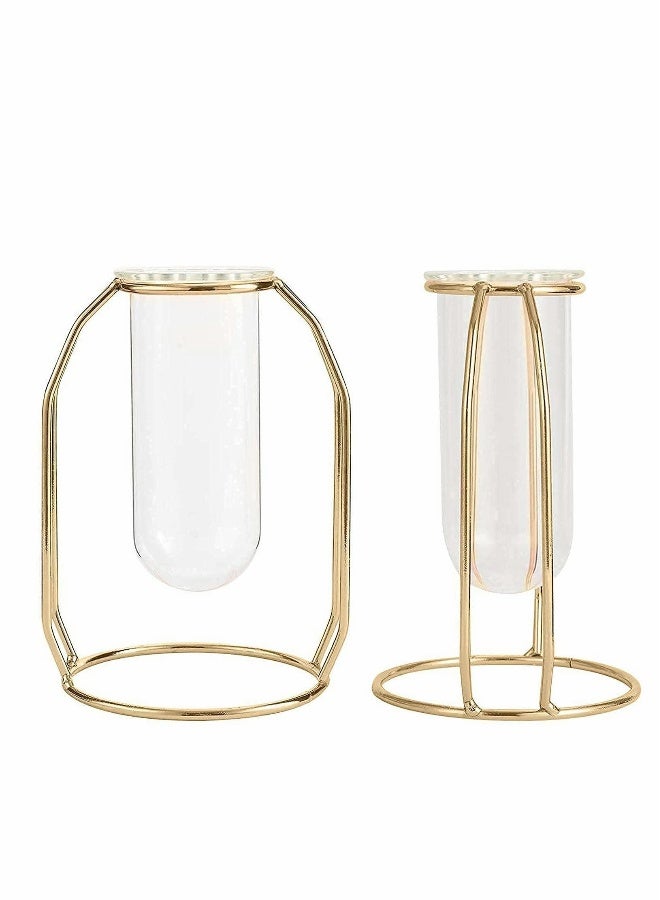 Elegant Glass Flower Vase with Gold Metal Frame, Test Tube Design for Hydroponic Plants, Perfect for Living Room, Balcony, Office, Weddings, Parties, and Floral Displays, Stylish Desktop Decor - Image 1