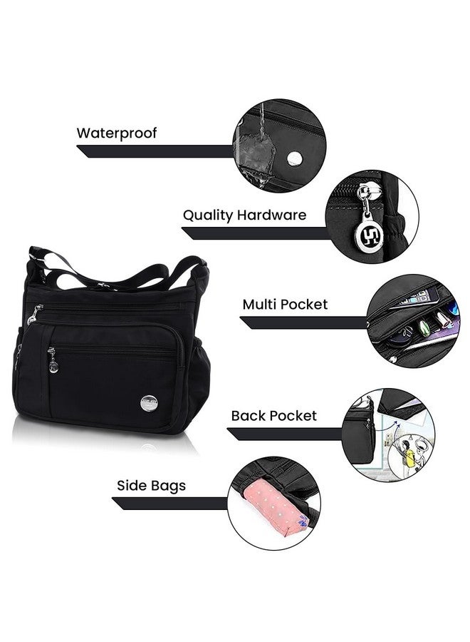 PALAY Women Shoulder Bag Crossbody Nylon Waterproof Multi-pocket Sling with Adjustable Strap Fashion Satchel Handbag Black 2 PCS - Image 4