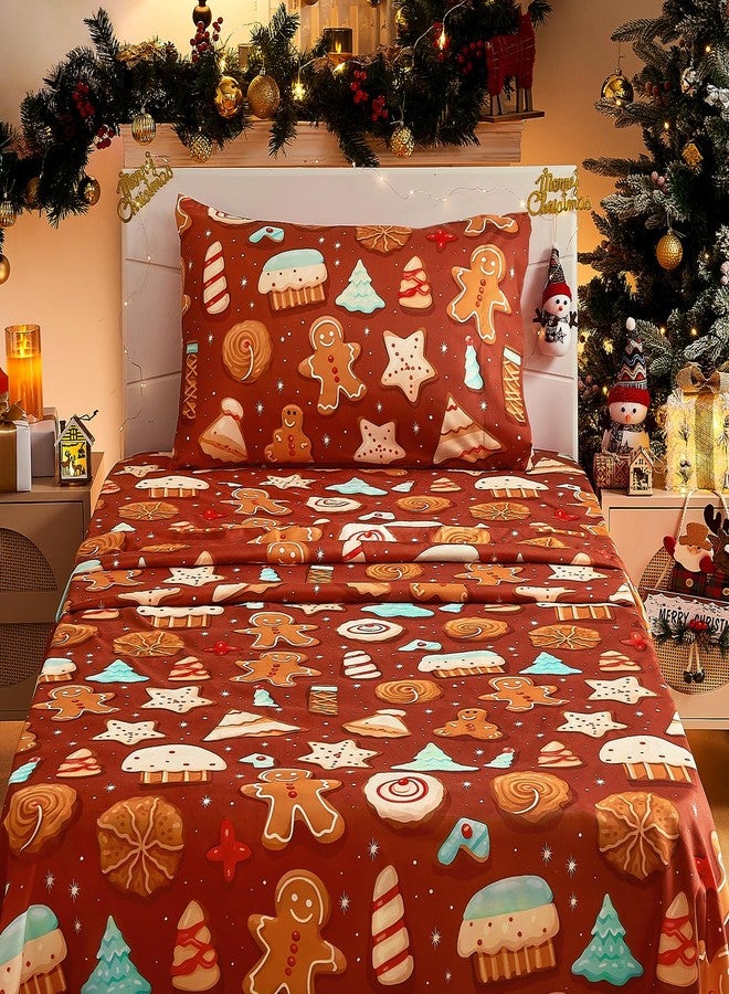 BYSURE Twin Sheets Set Kids(Christmas Gingerbread & Cookies, Chocolate Brown), 3 Pieces Easy Fit Deep Pocket Sheets Set, Breathable Wrinkle-Free Microfiber Bedding for Children - Image 1