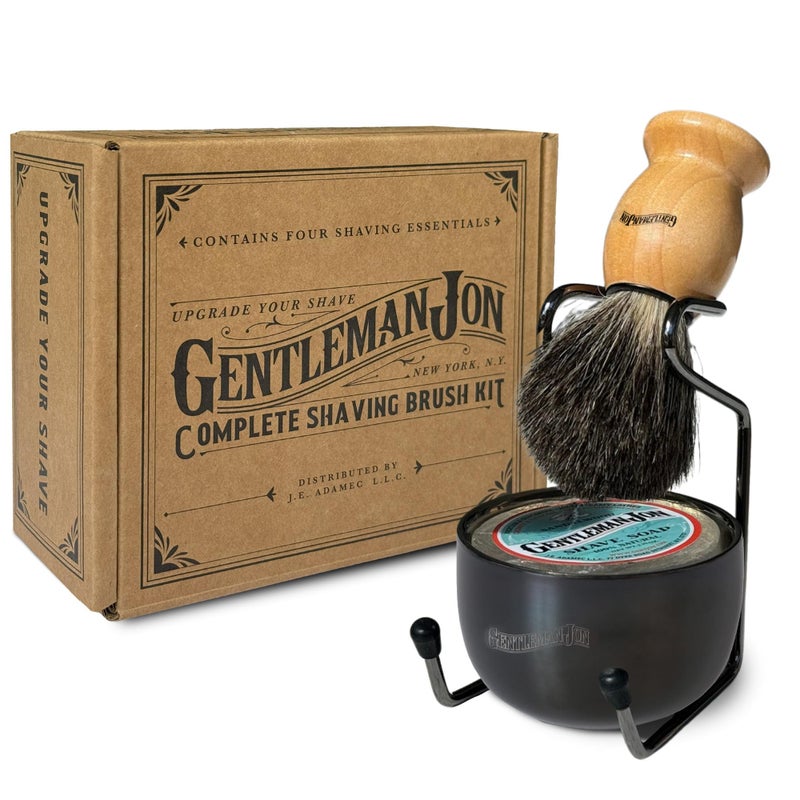 Gentleman Jon Complete Shaving Brush Kit  Old Fashion Shaving Kit for Men Includes Shave Brush Shave Bowl Shave Soap  Stand Vintage Wet Shave Mug BarberStyle 4Piece Gift Set