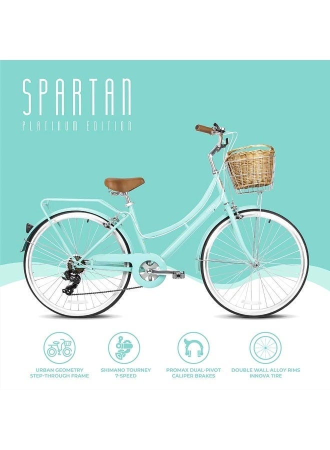 Spartan دراجة المدينة بلاتينيوم 24 بوصة | حجم العجلة 24 بوصة | مقعد قابل للتعديل | مع سلة وحامل | نعناع - Image 4