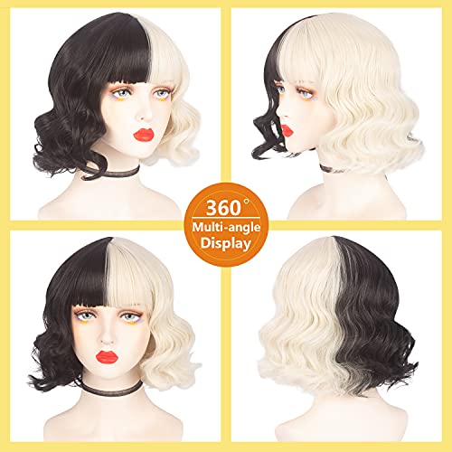 Askuang Black and Light Blonde Wig for Women Costume Short Curly Half Black Half Light Blonde Wig with Bangs Heat Resistant Wigs for Women Girls Cosplay Halloween Costume Party - Image 3