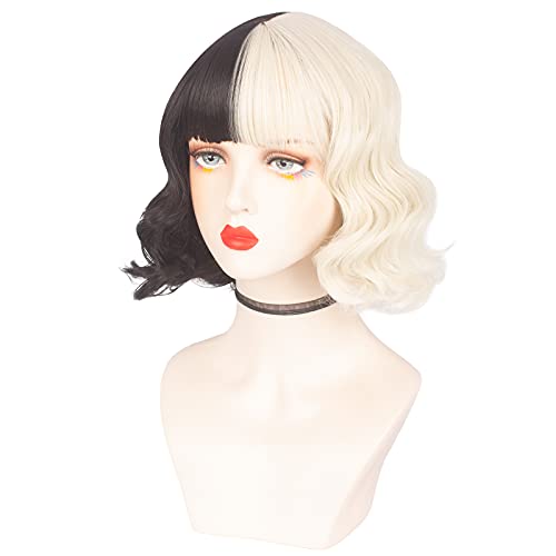 Askuang Black and Light Blonde Wig for Women Costume Short Curly Half Black Half Light Blonde Wig with Bangs Heat Resistant Wigs for Women Girls Cosplay Halloween Costume Party - Image 2