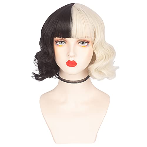 Askuang Black and Light Blonde Wig for Women Costume Short Curly Half Black Half Light Blonde Wig with Bangs Heat Resistant Wigs for Women Girls Cosplay Halloween Costume Party - Image 1