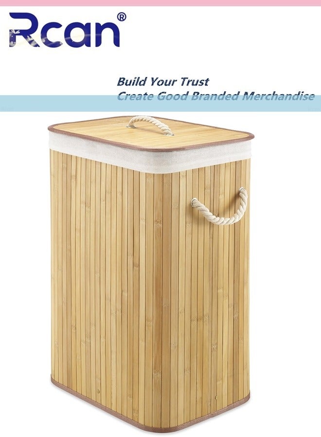 Rcan Bamboo Foldable Laundry Hamper with Lid Bamboo Laundry Basket with Rope Handles & Removable Liner Rectangular Storage Hamper with Handles for Laundry Room Bedroom Bathroom Natural - Image 1
