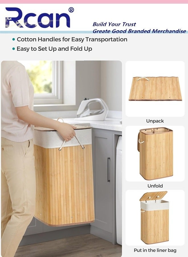Rcan Bamboo Foldable Laundry Hamper with Lid Bamboo Laundry Basket with Rope Handles & Removable Liner Rectangular Storage Hamper with Handles for Laundry Room Bedroom Bathroom Natural - Image 3