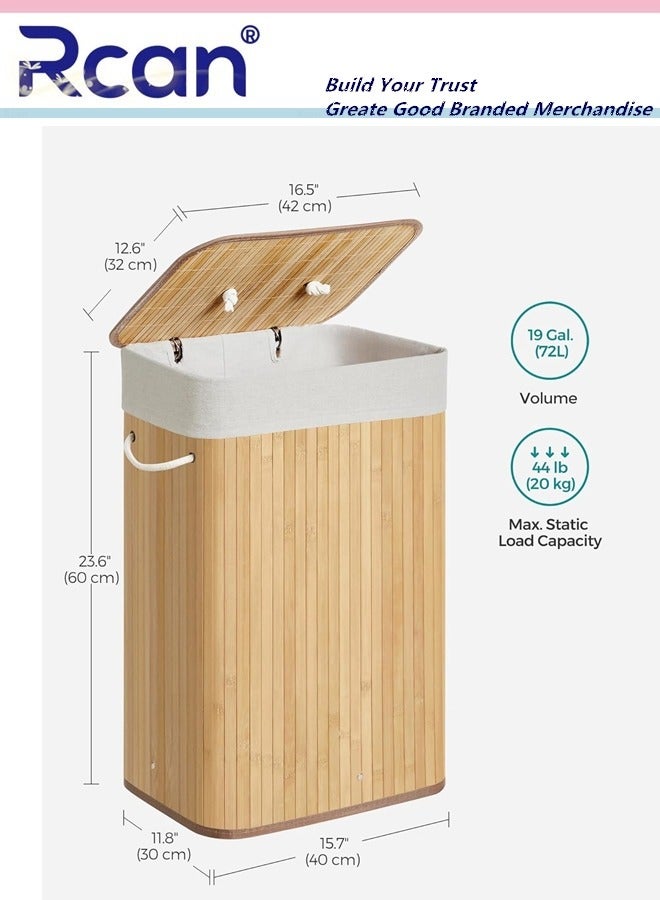 Rcan Bamboo Foldable Laundry Hamper with Lid Bamboo Laundry Basket with Rope Handles & Removable Liner Rectangular Storage Hamper with Handles for Laundry Room Bedroom Bathroom Natural - Image 5