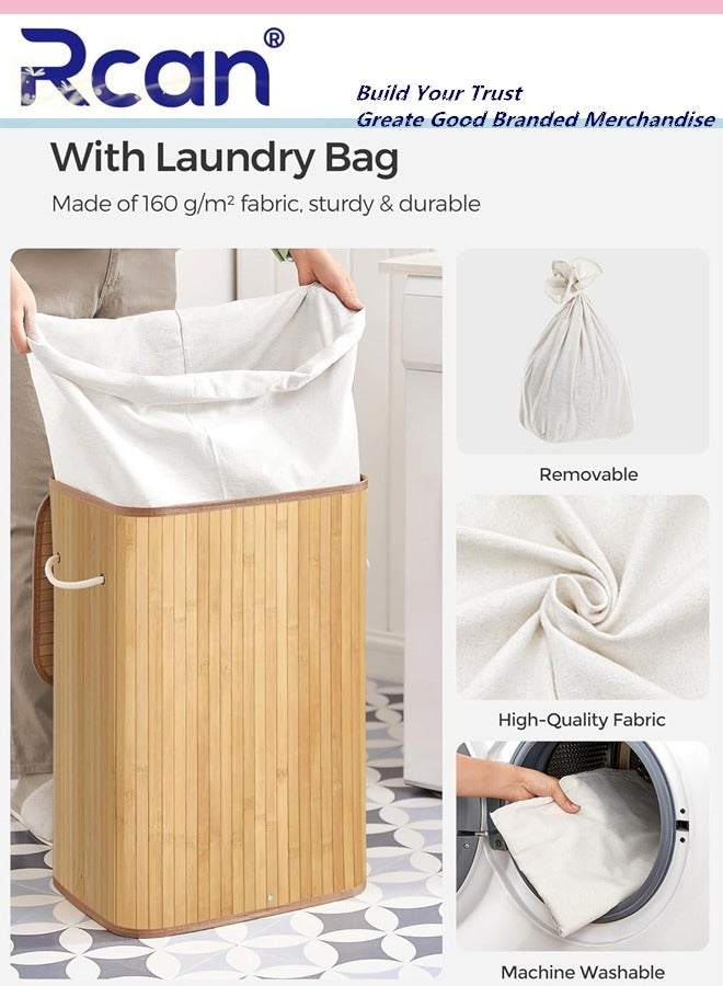 Rcan Bamboo Foldable Laundry Hamper with Lid Bamboo Laundry Basket with Rope Handles & Removable Liner Rectangular Storage Hamper with Handles for Laundry Room Bedroom Bathroom Natural - Image 2
