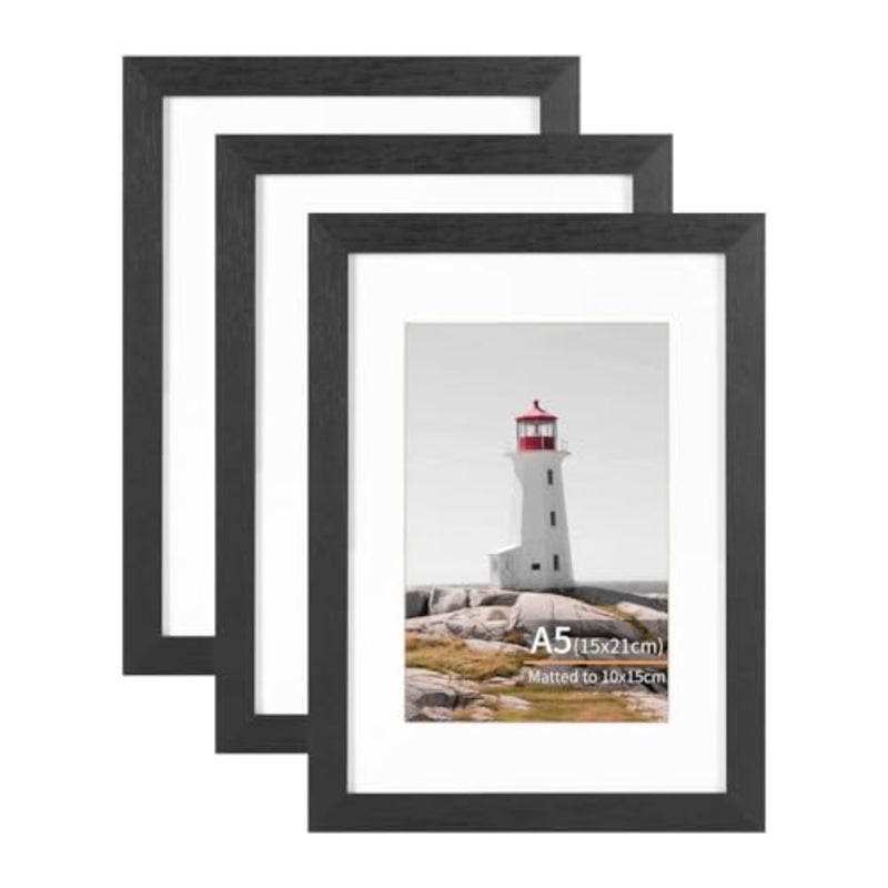 مجموعة إطارات صور مقاس A5/15x21 سم مكونة من 3 تصميمات خشبية سوداء، عرض مقاس 10x15 سم مع حصيرة أو مقاس A5 بدونها، متوافقة مع الحائط والطاولة - Image 1