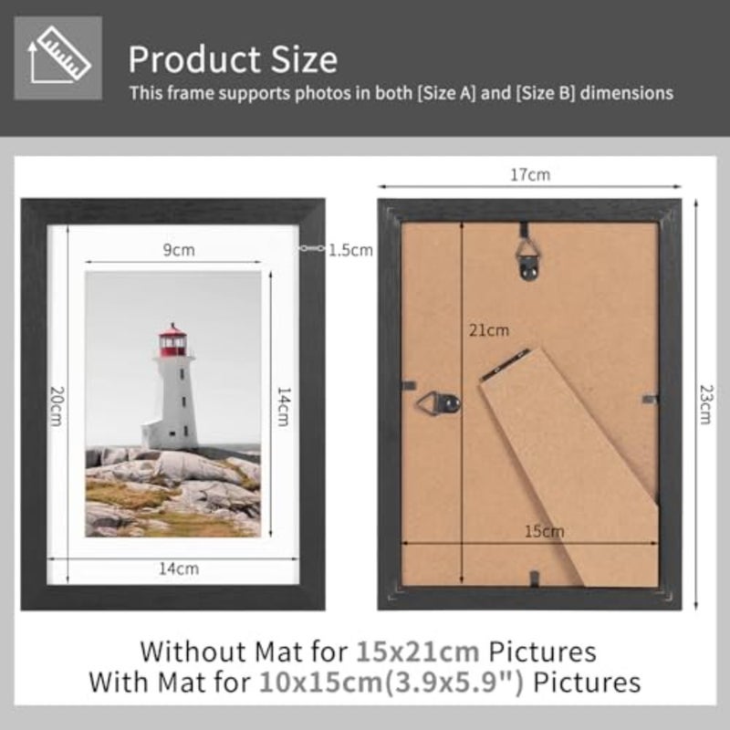 مجموعة إطارات صور مقاس A5/15x21 سم مكونة من 3 تصميمات خشبية سوداء، عرض مقاس 10x15 سم مع حصيرة أو مقاس A5 بدونها، متوافقة مع الحائط والطاولة - Image 2