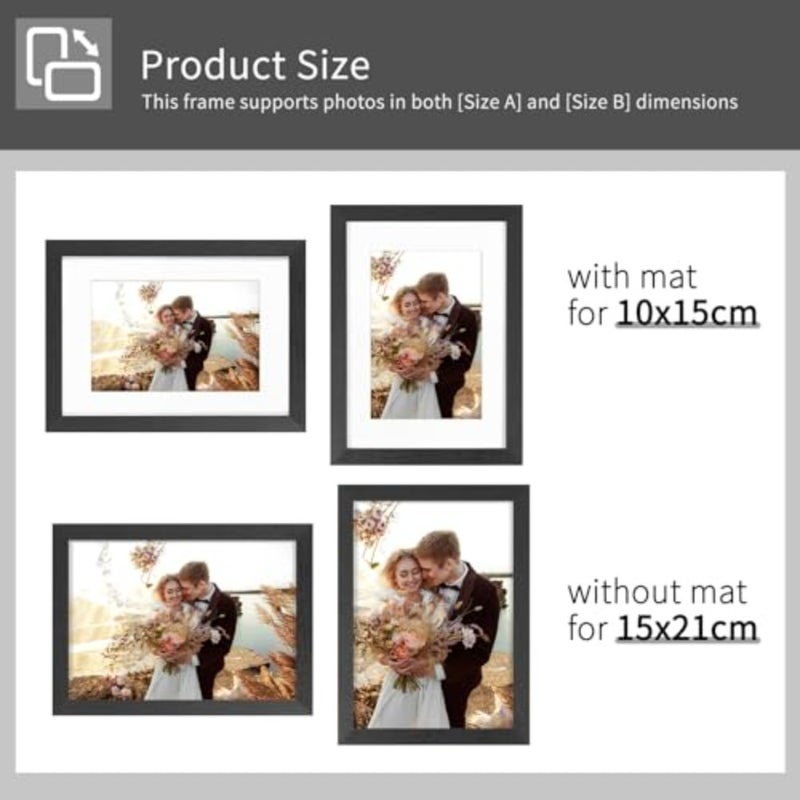 مجموعة إطارات صور مقاس A5/15x21 سم مكونة من 3 تصميمات خشبية سوداء، عرض مقاس 10x15 سم مع حصيرة أو مقاس A5 بدونها، متوافقة مع الحائط والطاولة - Image 4