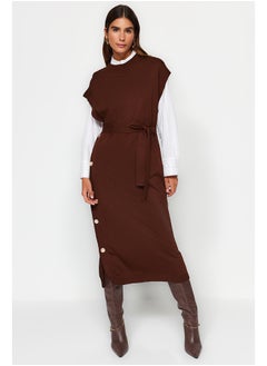 Dark Brown Button Detailed Knitwear Sweater Dress TCTAW24UV00038