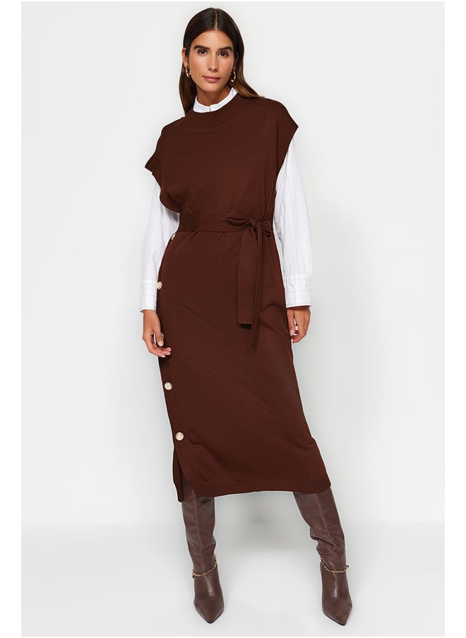 trendyol - Dark Brown Button Detailed Knitwear Sweater Dress TCTAW24UV00038 - Image 1