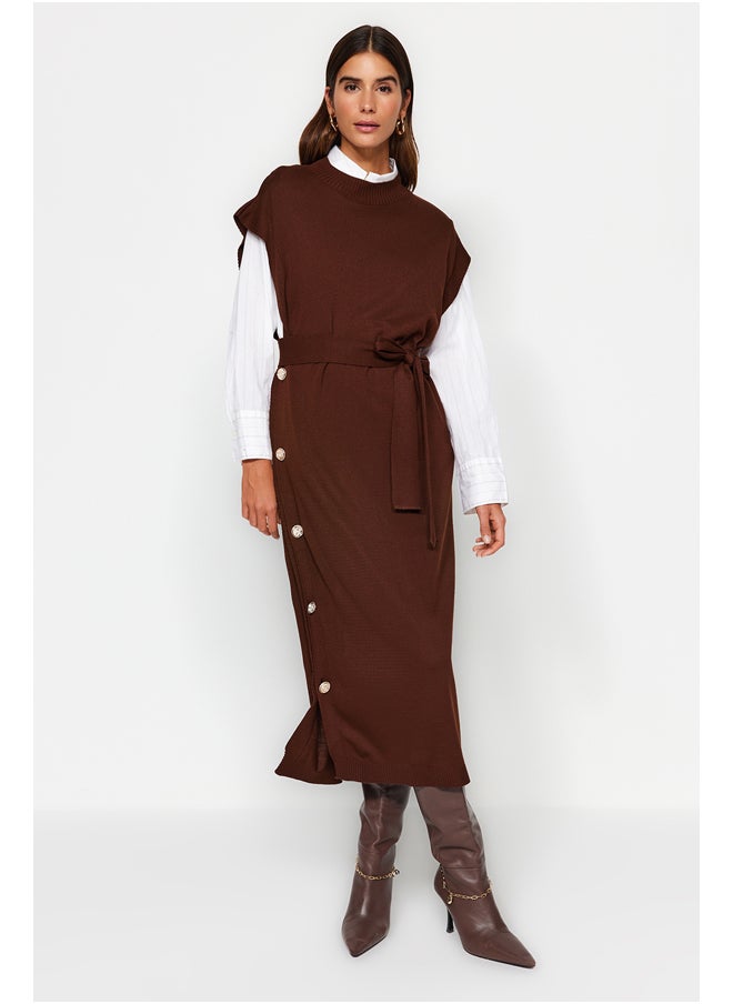 trendyol - Dark Brown Button Detailed Knitwear Sweater Dress TCTAW24UV00038 - Image 1