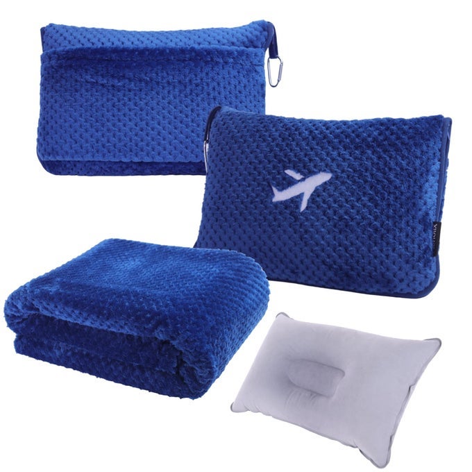 3 IN 1 TRAVEL BLANKET PILLOW SET 350 GSM THICK TRAVEL BLANKET AIRPLANE COMPACT WITH BAG SOFT BAG WITH A POCKET INFLATABLE TRAVEL PILLOW FOR CAMPING CAR TRIP ROYAL BLUE