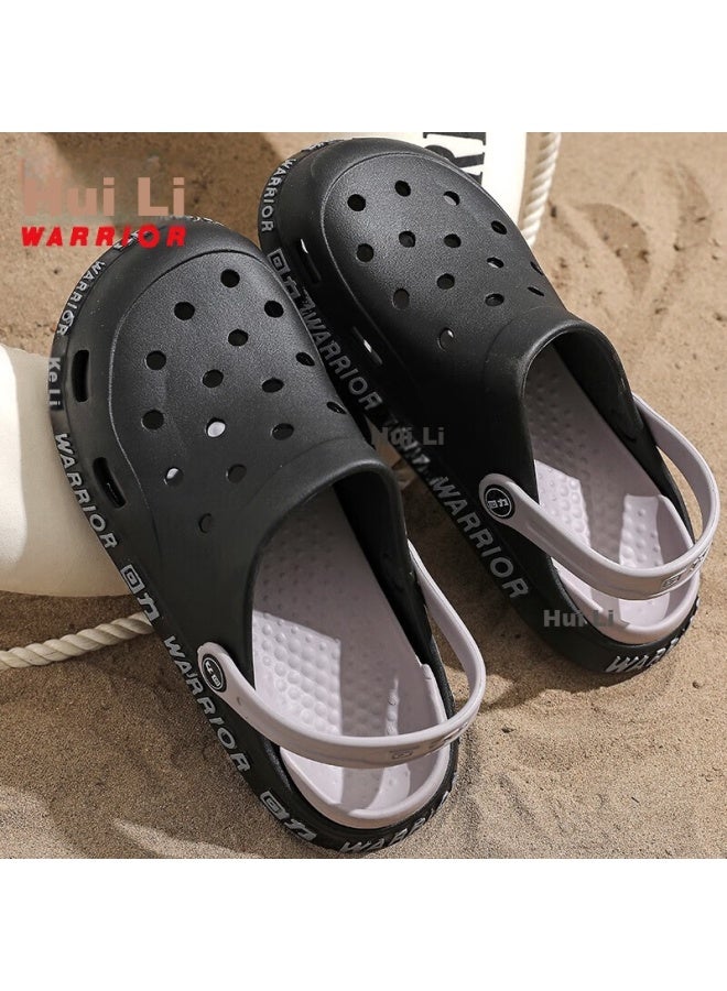 Pull Back Huili Perforated Shoes, Couple Style, Closed-toe, All-season, Indoor And Outdoor Casual, Travel, Two-way Wear, Beach Shoes, Lightweight, Breathable, Comfortable, Wear-resistant, Sandals, Men's Style, Hl0119, Black, Size 40 - Image 2