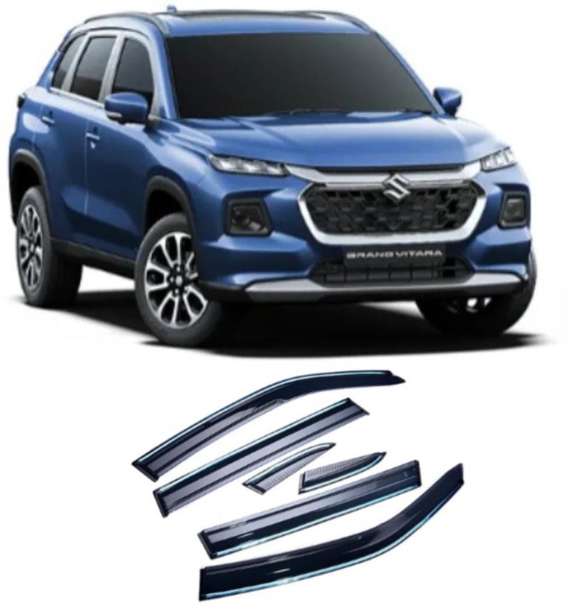 Moto Shield Car rain Window Door Visor Wind deflectors and sunshield Protectors with Chrome/Silver Linning Compatible for Maruti Grand Vitara New