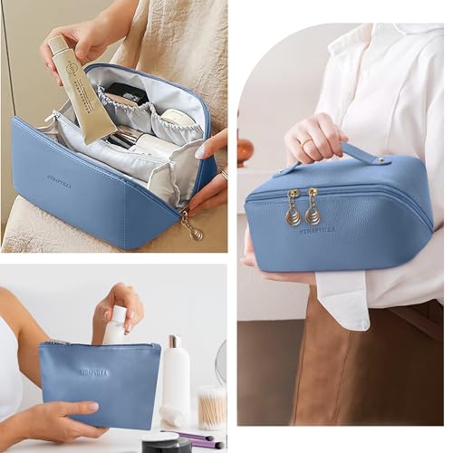 STRAPVILLA Makeup Organizer Bag for Women – Large Waterproof Makeup Pouch Bag with Wide Opening – Travel Pouches for Women, Cosmetic Organizer Bag, Makeup Kit Bag for Travel & Daily Use - Blue - Image 5