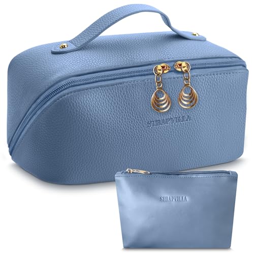 STRAPVILLA Makeup Organizer Bag for Women – Large Waterproof Makeup Pouch Bag with Wide Opening – Travel Pouches for Women, Cosmetic Organizer Bag, Makeup Kit Bag for Travel & Daily Use - Blue - Image 1