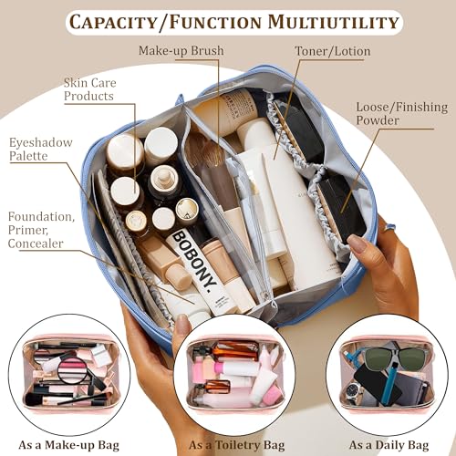 STRAPVILLA Makeup Organizer Bag for Women – Large Waterproof Makeup Pouch Bag with Wide Opening – Travel Pouches for Women, Cosmetic Organizer Bag, Makeup Kit Bag for Travel & Daily Use - Blue - Image 4