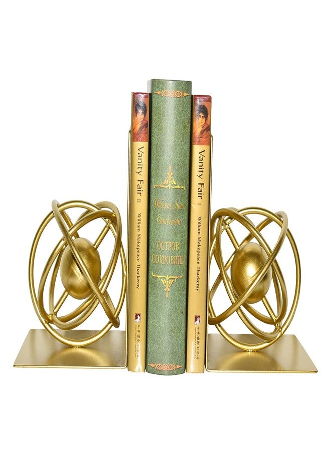 JUCONSIN Book Ends Decorative, Modern Metal Unique Gold Bookends for Shelves, Round Design Bookend Book Stopper Holder for Home Office - Image 1