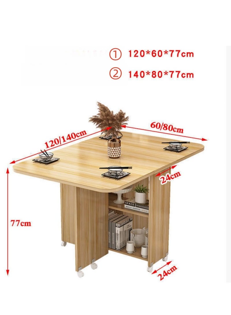 طاولة طعام قابلة للطي مع 6 عجلات، طاولة مطبخ مع رفوف تخزين من طبقتين، طاولة عشاء متعددة الوظائف موفرة للمساحة لغرفة النوم وغرفة الطعام والمنزل - Image 2