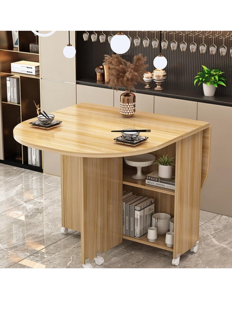 طاولة طعام قابلة للطي مع 6 عجلات، طاولة مطبخ مع رفوف تخزين من طبقتين، طاولة عشاء متعددة الوظائف موفرة للمساحة لغرفة النوم وغرفة الطعام والمنزل - Image 3