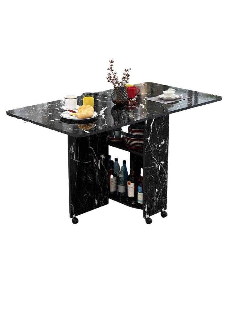 طاولة طعام قابلة للطي مع 6 عجلات، طاولة مطبخ مع رفوف تخزين من طبقتين، طاولة عشاء متعددة الوظائف موفرة للمساحة لغرفة النوم وغرفة الطعام والمنزل - Image 5