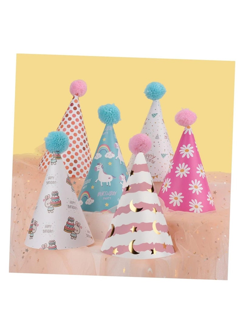 واي آند دي 6pcs Birthday Party Hats, Adult Funny Kids Activities Daisy Lovely Unicorn Prop Style Paper Pom Pompom Pompoms Adorable Caps, Supplies and Decorations - Image 2