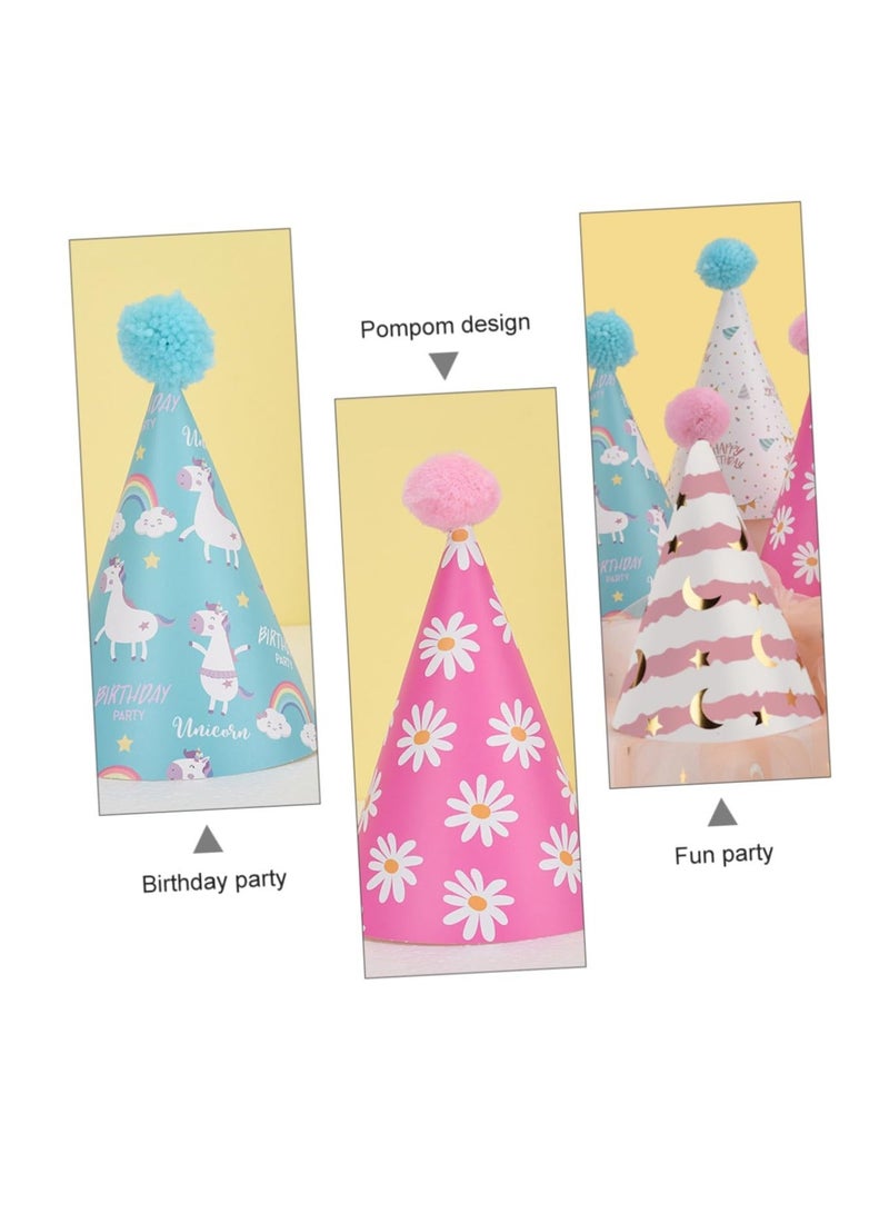 واي آند دي 6pcs Birthday Party Hats, Adult Funny Kids Activities Daisy Lovely Unicorn Prop Style Paper Pom Pompom Pompoms Adorable Caps, Supplies and Decorations - Image 3