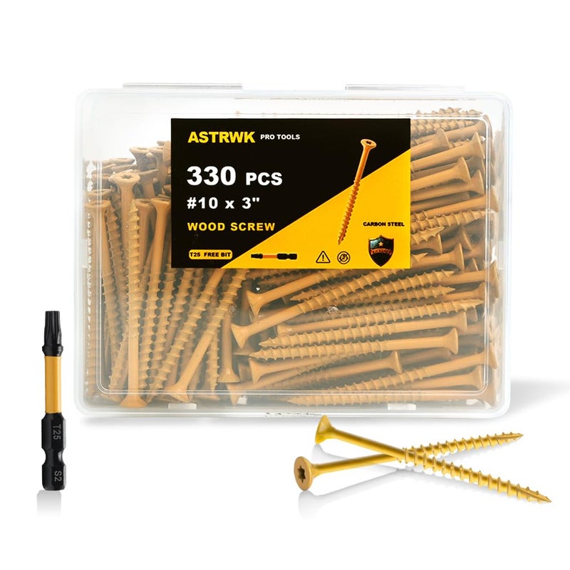 ASTRWK براغي خشبية 3 بوصة، براغي سطح #10×3 بوصة، 330 قطعة، مقاومة للصدأ بطبقة إيبوكسي، تشمل قطع توركس T25، تان - Image 1