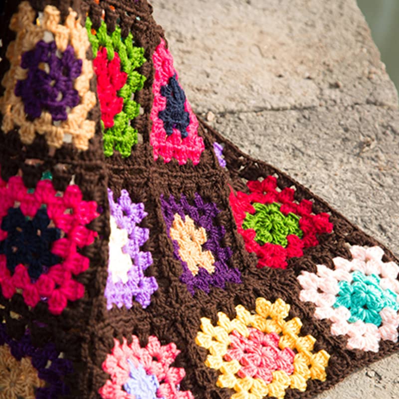 YISSEN RISEON Handmade Granny Square Crochet Throw Blanket Sweater Style Mat, Crochet Quilt, Multicolor Boho Travel Accent Decor Throw for Sofa Comforter Couch Bed Recliner Living Room Bedroom (Dark Brown) - Image 3