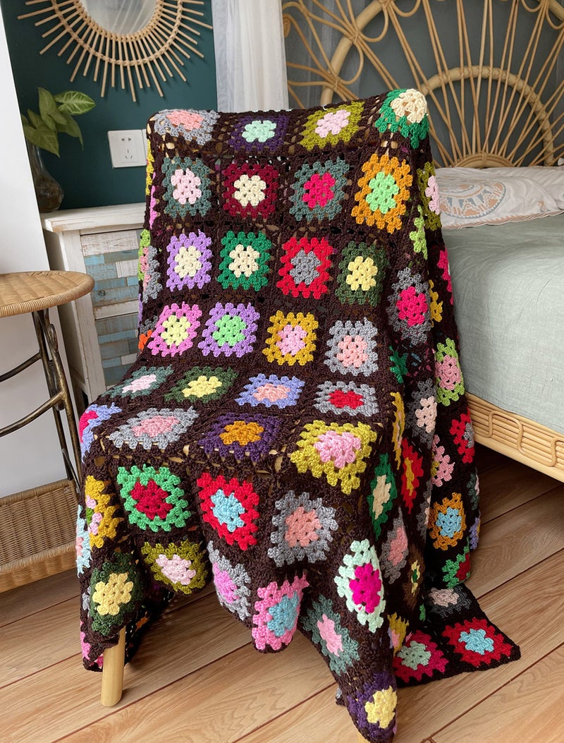 YISSEN RISEON Handmade Granny Square Crochet Throw Blanket Sweater Style Mat, Crochet Quilt, Multicolor Boho Travel Accent Decor Throw for Sofa Comforter Couch Bed Recliner Living Room Bedroom (Dark Brown) - Image 5