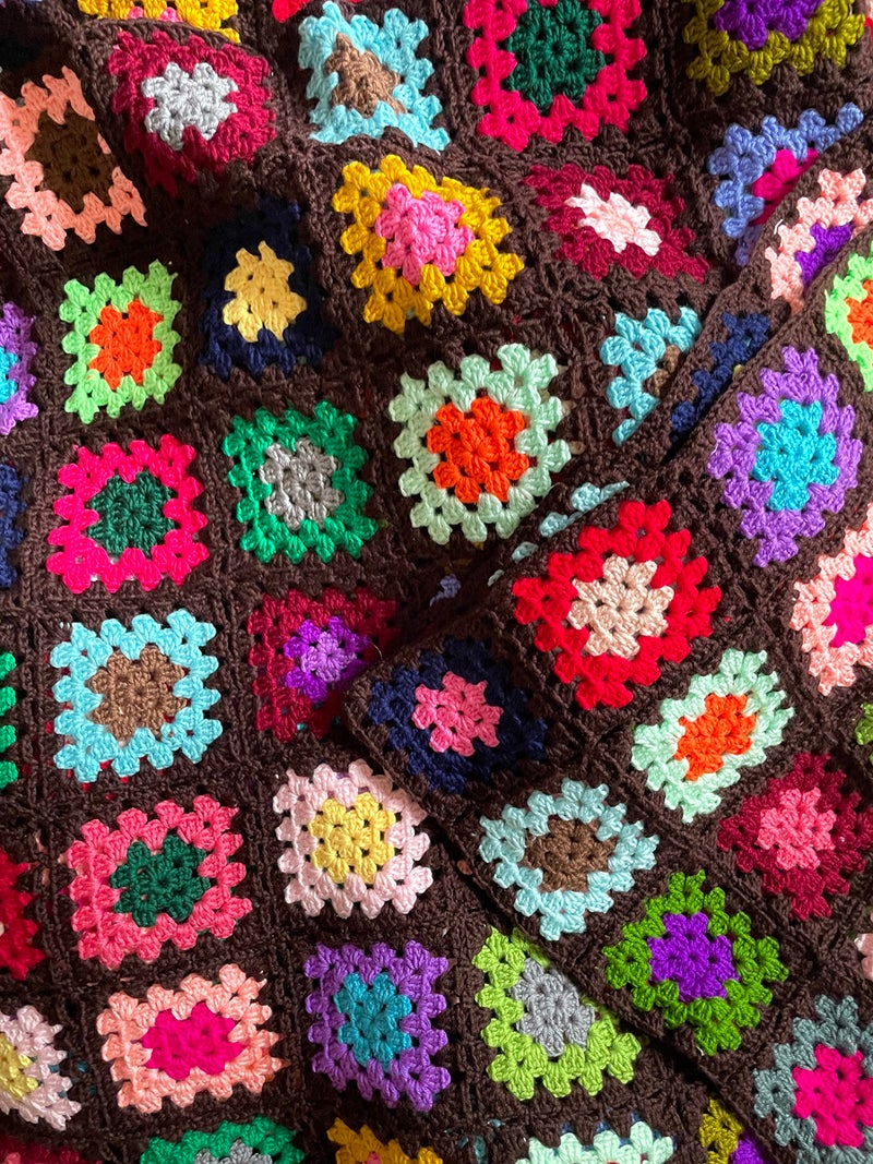 YISSEN RISEON Handmade Granny Square Crochet Throw Blanket Sweater Style Mat, Crochet Quilt, Multicolor Boho Travel Accent Decor Throw for Sofa Comforter Couch Bed Recliner Living Room Bedroom (Dark Brown) - Image 4