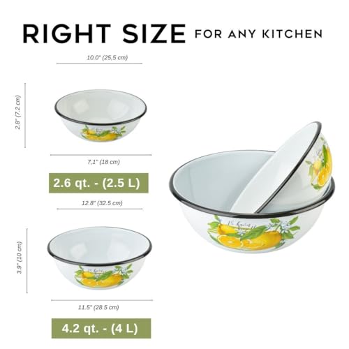 STP GOODS Lemon Enamel Bowl Set of 2 pcs 2.7 Qt (2.5 L), 4.2 Qt (4 L) Enamel Serving Bowls, Enameled Steel Mixing Bowls for Cooking Prepping, Salad Bowl, Fruit Bowl for Kitchen, Dishwasher Safe - Image 2