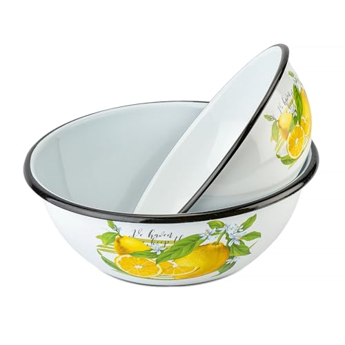 STP GOODS Lemon Enamel Bowl Set of 2 pcs 2.7 Qt (2.5 L), 4.2 Qt (4 L) Enamel Serving Bowls, Enameled Steel Mixing Bowls for Cooking Prepping, Salad Bowl, Fruit Bowl for Kitchen, Dishwasher Safe - Image 1