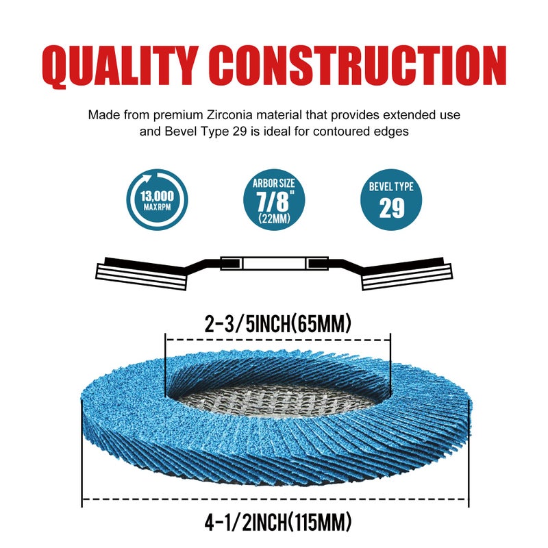 EZARC Flap Discs 40 Grit, 4 1/2 x 7/8-Inch Flap Sanding Disc, Type 29 Zirconia Grinding Wheel for Stainless Steel, Sheet Metal (10 Pack) - Image 2