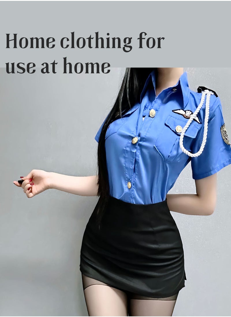 Ocean Female police costume cosplay tight uniform set for home use（blue）  - Image 2