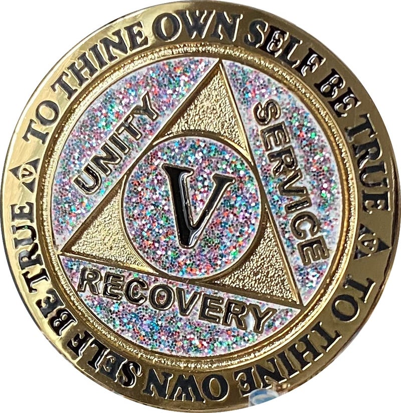 5 Year AA Medallion Reflex Birthday Funfetti Silver Glitter Gold Plated Color Chip