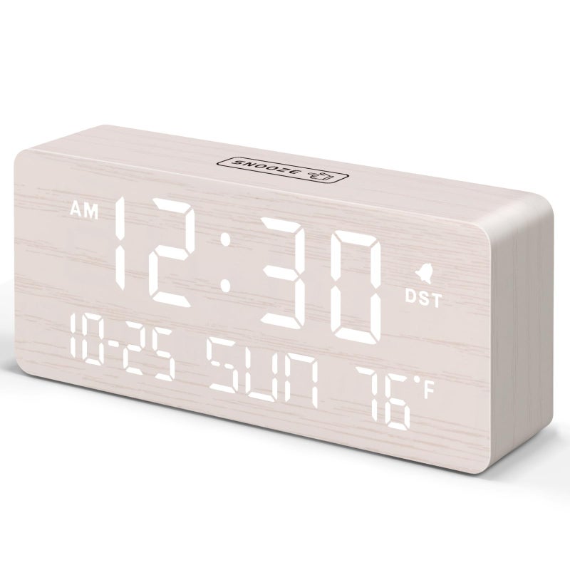 DreamSky Wooden Digital Alarm Clocks for Bedrooms Living Room Desk Clock with Date and Day of Week Temperature USB Port Dimmer Wheel Adjustable Volume Auto DST Wood Decor for Office Table - Image 2