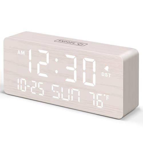 DreamSky Wooden Digital Alarm Clocks for Bedrooms Living Room Desk Clock with Date and Day of Week Temperature USB Port Dimmer Wheel Adjustable Volume Auto DST Wood Decor for Office Table - Image 1